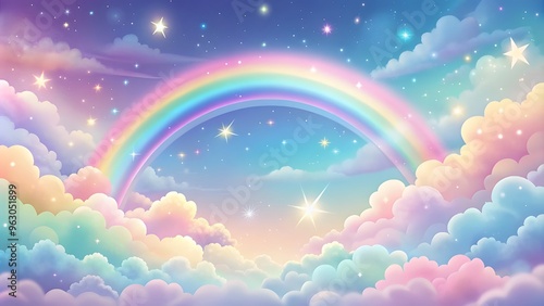 Holographic fantasy rainbow background with clouds and stars. Pastel color sky.Cloudy sky background. Unicorn fantasy pastel galaxy. Rainbow cute wallpaper. Fluffy magic pink landscape