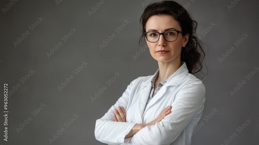A woman in a white lab coat stands with her arms crossed A woman in a white lab coat stands with her arms crossed