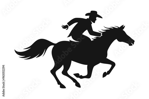 Vector black silhouette of a wild west cowboy riding a running horse