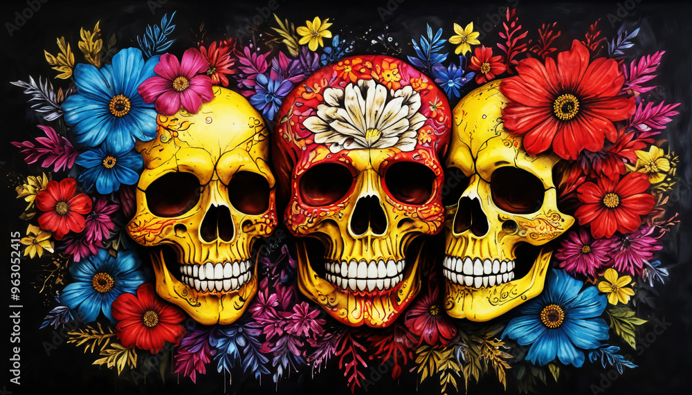 Three skulls with flowers on their heads are drawn on a black background Three skulls with flowers on their heads are drawn on a black background