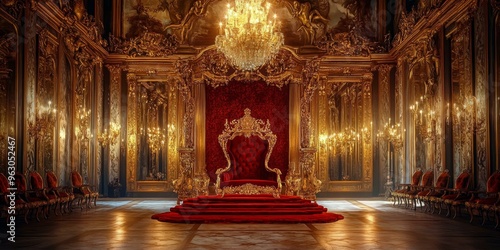 A grand throne room with gold accents and red velvet photo