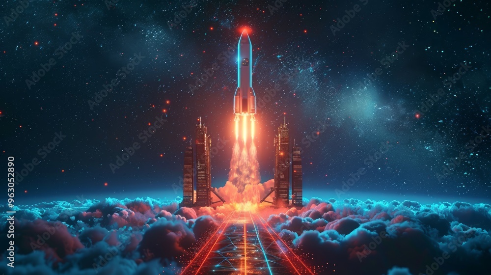 The concept of the metaverse and elements of the virtual world. Simulation of the world in virtual reality for future smartphones and digital devices. Rocket takes off from augmented reality portal. The concept of the metaverse and elements of the virtual world. Simulation of the world in virtual reality for future smartphones and digital devices. Rocket takes off from augmented reality portal.