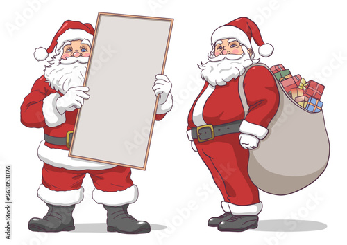 Santa Claus Holding Blank Sign and Gift Bearer Vector Illustration, SVG, or PNG