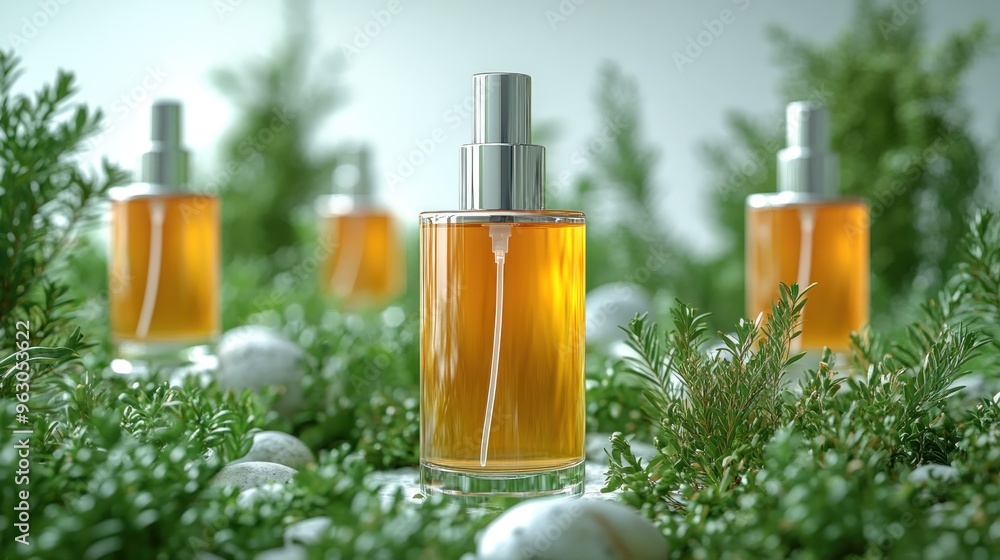 Fragrant bottles in lush foliage and smooth stones evoke tranquility Fragrant bottles in lush foliage and smooth stones evoke tranquility