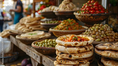 Bustling Middle Eastern Market Stall with Freshly Baked Pita and Assorted Appetizers