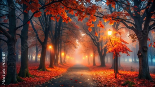 Spooky autumn nights spark with crimson orange hues highlighting velvet black leaves in eerie fog