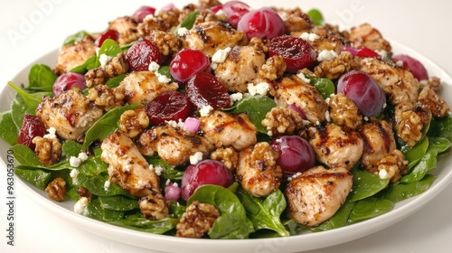 Grilled chicken, walnuts, and grapes on spinach make a delightful dish