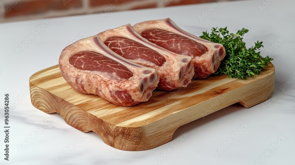 Juicy pork chops beautifully displayed on a wooden board, ready for cooking Juicy pork chops beautifully displayed on a wooden board, ready for cooking