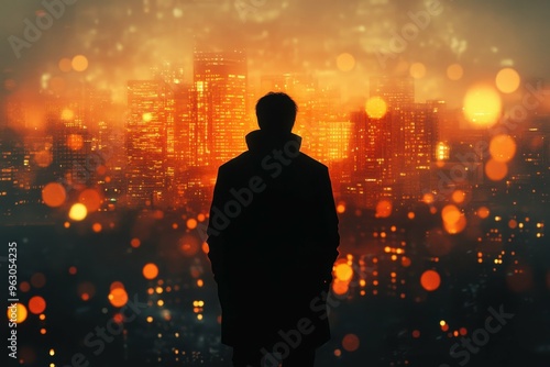 A dark figure standing against a glowing cityscape, symbolizing resilience and strength in the face of adversity, representing the fight against challenges and the pursuit of dreams