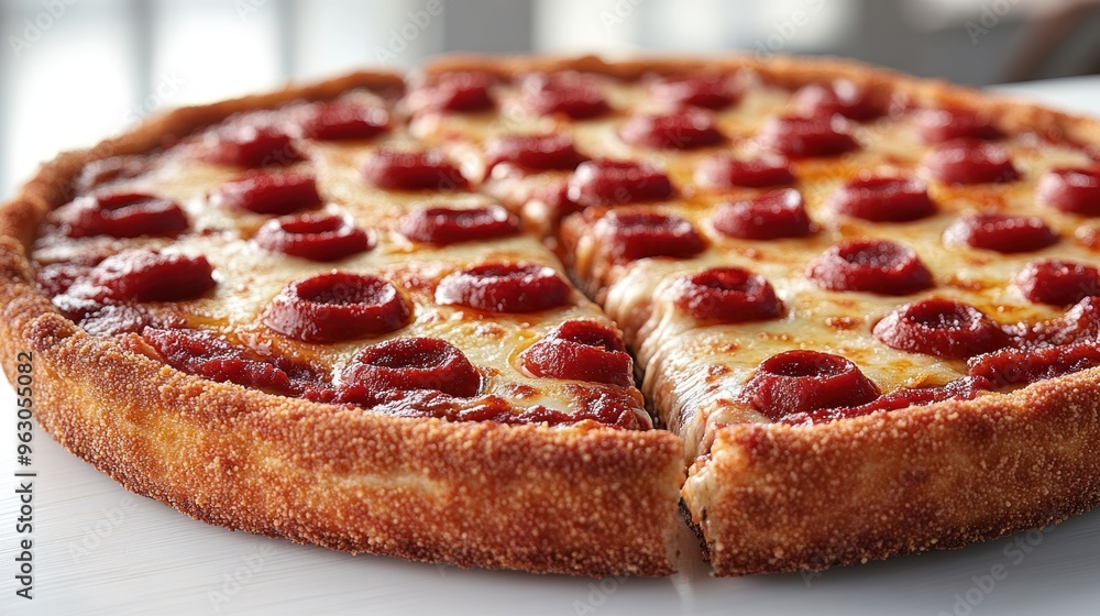 A freshly baked pepperoni pizza with a crispy crust and melted cheese awaits eager diners A freshly baked pepperoni pizza with a crispy crust and melted cheese awaits eager diners