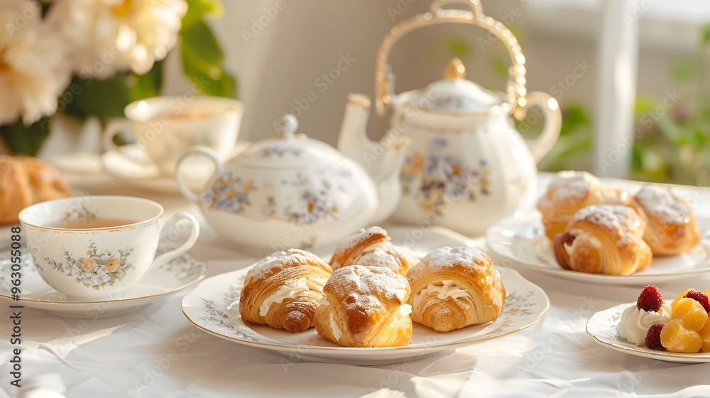Serene Afternoon Tea Setup with Delicate Puff Pastries and Elegant China Serene Afternoon Tea Setup with Delicate Puff Pastries and Elegant China