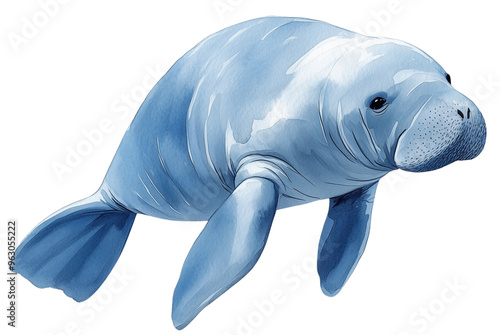 Gentle Giant: A serene and captivating illustration of a manatee, its soft, gray form gliding through the water with an air of gentle tranquility, isolated on transparent background.