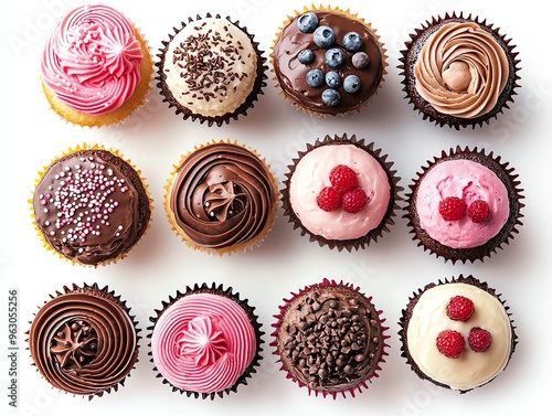 a whole view of multiple cakes on isolated white background, view from above, editorial photography