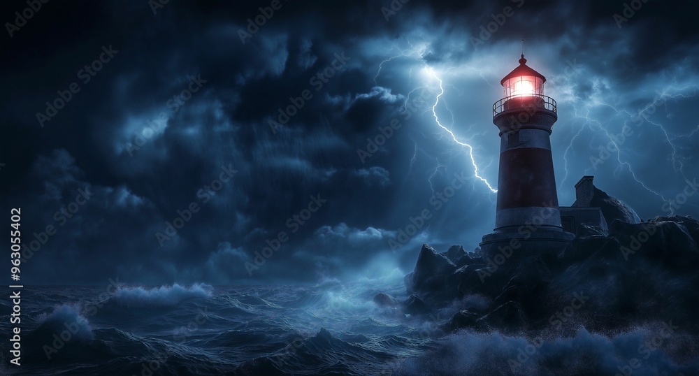 A lighthouse shining its beam of light on the stormy sea, a night sky with thunder and lightning A lighthouse shining its beam of light on the stormy sea, a night sky with thunder and lightning