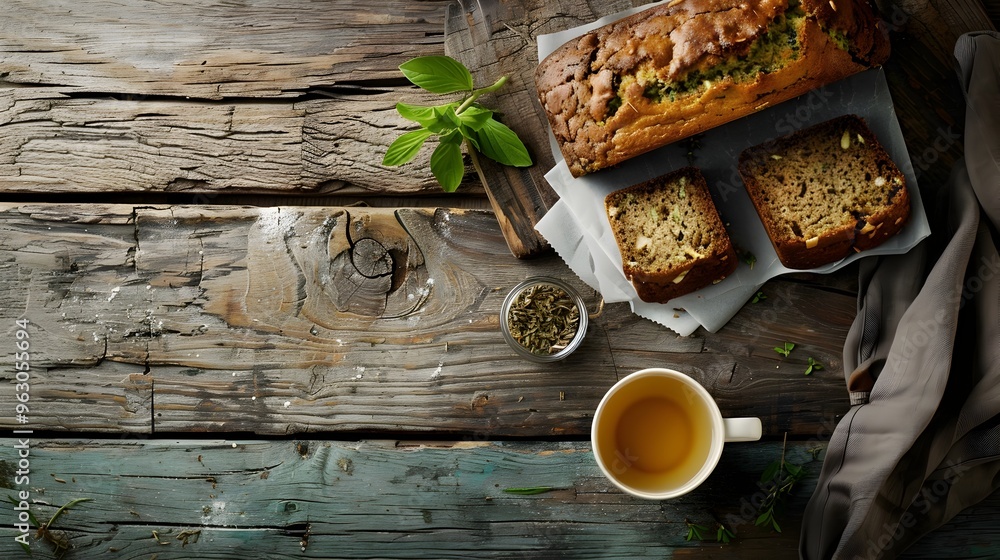 Homemade Zucchini Bread Slices Served with Herbal Tea on Rustic Wooden Table in Serene Kitchen Setting Homemade Zucchini Bread Slices Served with Herbal Tea on Rustic Wooden Table in Serene Kitchen Setting
