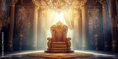 Golden throne in a grand, ornate room. photo