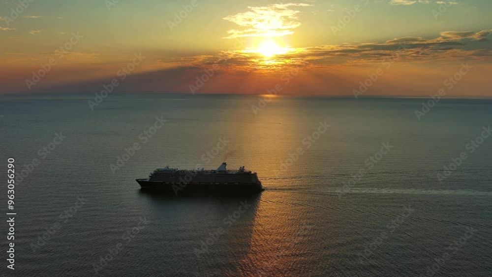 Aerial view at the cruise ship during sunset. Landscape with cruise liner on Adriatic sea. Adventure and travel, 4k Aerial view at the cruise ship during sunset. Landscape with cruise liner on Adriatic sea. Adventure and travel, 4k