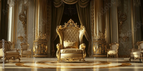 Ornate throne chair in grand, golden palace. photo