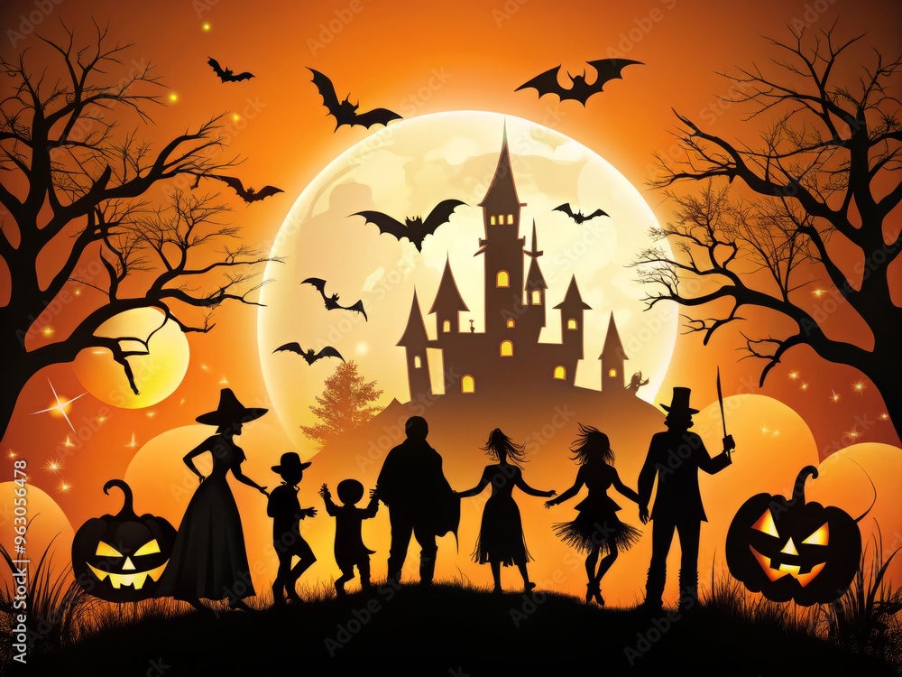 Spooky silhouette characters in Halloween settings with ornate details and intricate designs Spooky silhouette characters in Halloween settings with ornate details and intricate designs