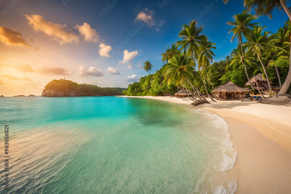 Naklejka premium Idyllic Shores: A Tropical Island Paradise Framed by Palm Trees, beach