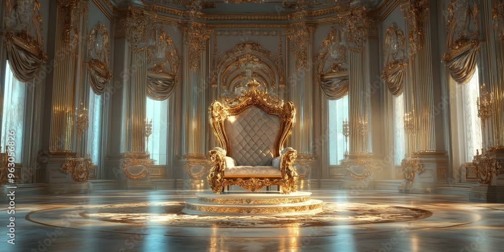 Ornate golden throne in a grand hall. Ornate golden throne in a grand hall.