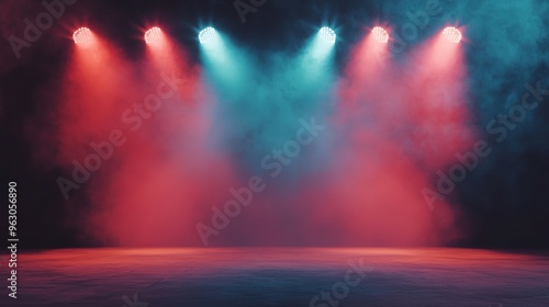 Concert stage with intense spotlights, light flares and smoke effects, highenergy rock concert vibe, vivid contrasts