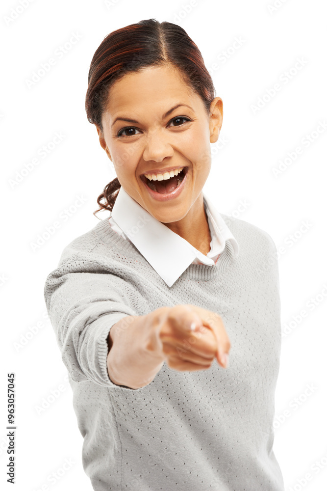 Portrait, woman and pointing at you in studio of presentation choice, advertising and announcement offer. Smile, person and hand gesture of giveaway winner, opportunity direction and white background Portrait, woman and pointing at you in studio of presentation choice, advertising and announcement offer. Smile, person and hand gesture of giveaway winner, opportunity direction and white background