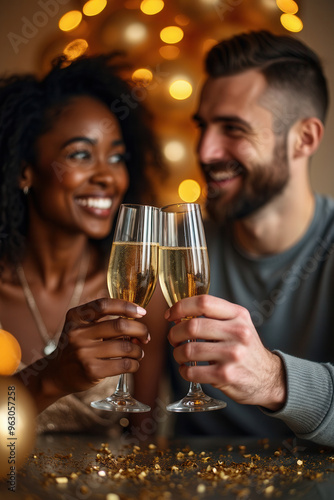 Close up of a multiracial couple toasting each other with champagne glasses at a festive party.Close up of a multiracial couple toasting each other with champagne glasses at a festive party.