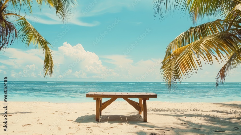 Obraz premium Tropical beach scene with empty table for product display. Summer vacation concept.