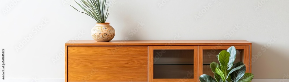 Modern wooden furniture with vase and plants, perfect for home interior decor and minimalistic design aesthetics. Modern wooden furniture with vase and plants, perfect for home interior decor and minimalistic design aesthetics.