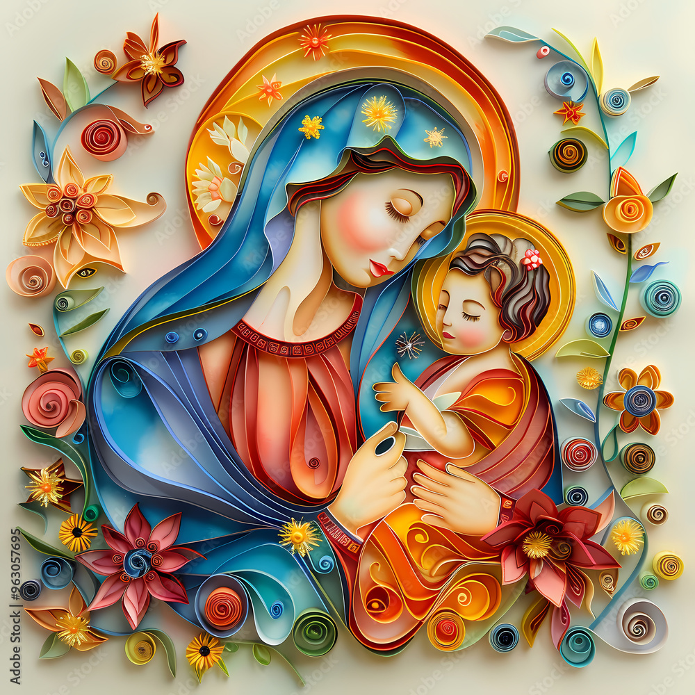 The Virgin Mary with the baby Jesus is a very colorful paper quilling The Virgin Mary with the baby Jesus is a very colorful paper quilling