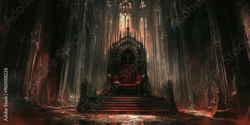 Dark, gothic throne room with red floor. photo