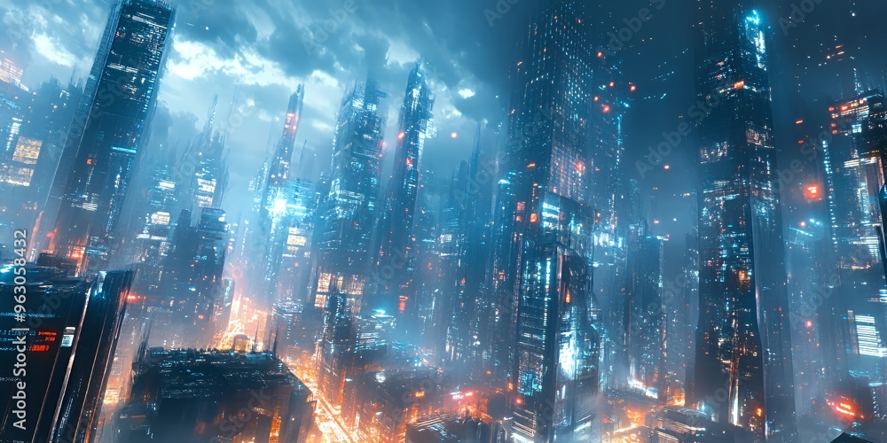 Fototapeta premium A futuristic city with towering skyscrapers, illuminated by bright lights.
