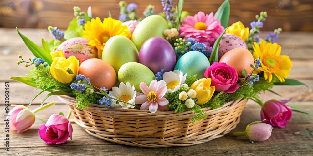 Springtime Easter basket colorful blooms delicate petals Springtime Easter basket colorful blooms delicate petals