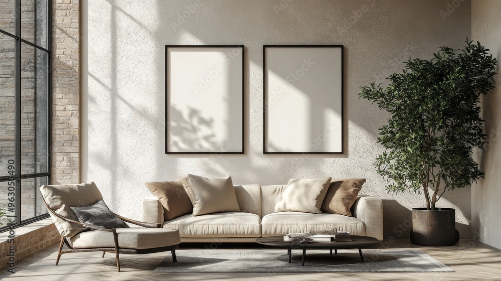 A minimalist living room with a white sofa, two framed pictures, a potted plant, and a gray rug. A minimalist living room with a white sofa, two framed pictures, a potted plant, and a gray rug.