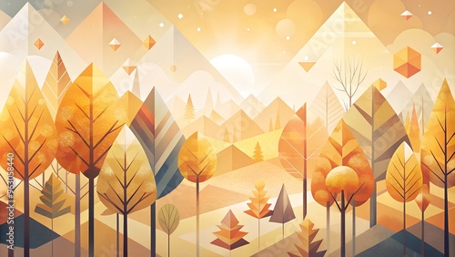 Warm abstract autumn landscape with geometric trees and mountains in golden hues

