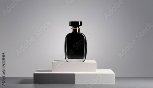 Sleek Black Perfume Bottle Mockup on Modern Minimalist Podium – High-Resolution PSD for Luxurious Branding, Elegant Fragrance Packaging, and Stylish Product Display