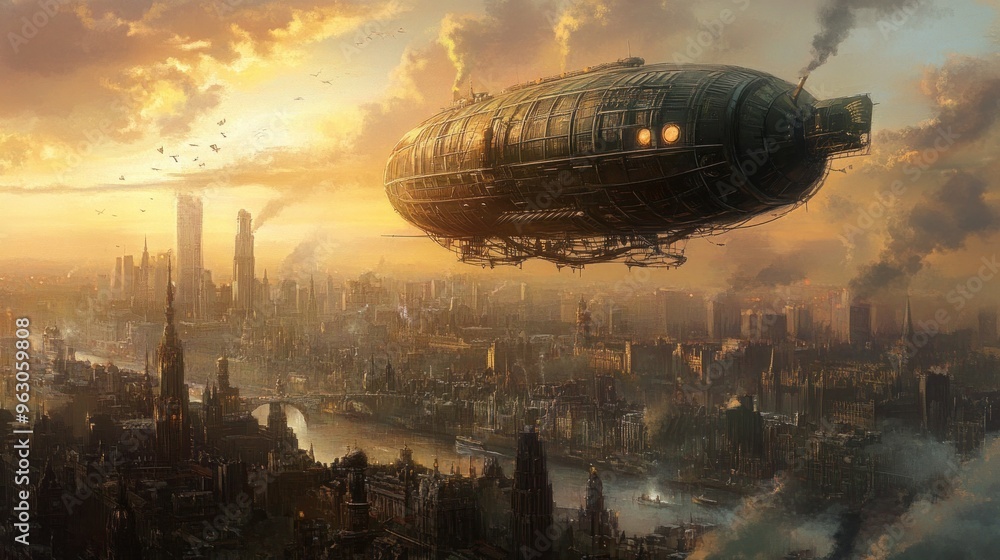 Naklejka premium Steampunk Cityscape with Airship