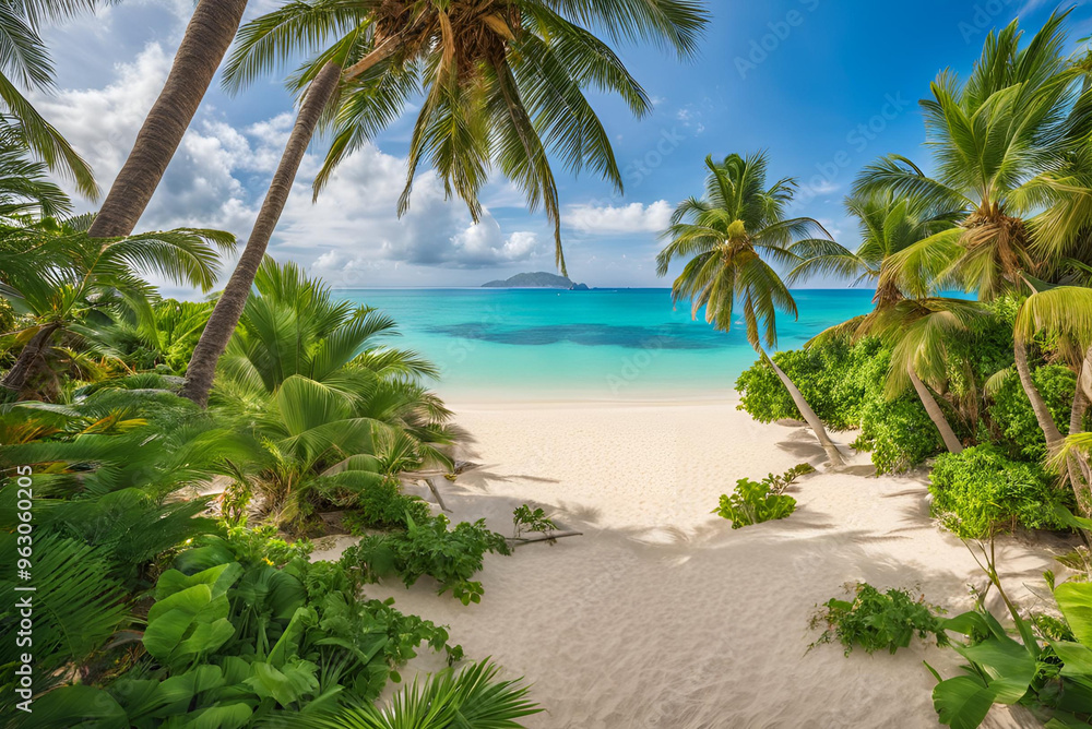 Fototapeta premium Serene Oasis: Tropical Island Beach with Majestic Palm Trees, palm trees on the beach