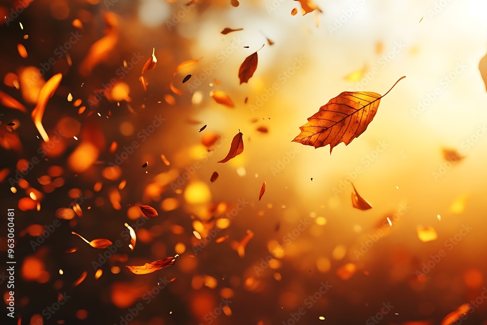 Autumn leaves falling from trees on a sunny day Autumn leaves falling from trees on a sunny day