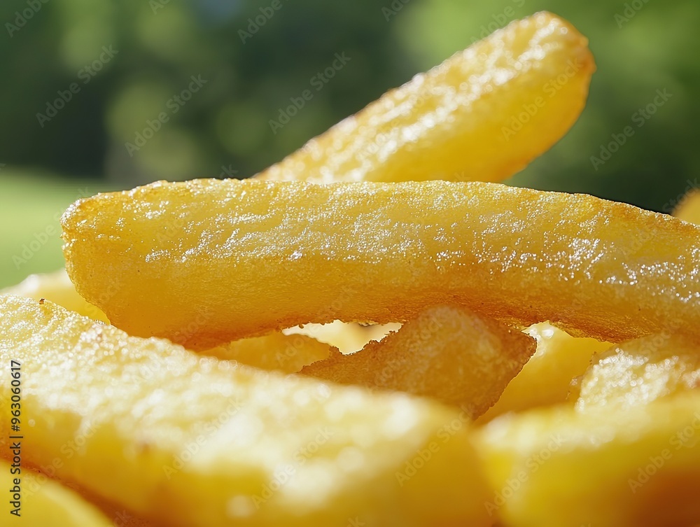 Crispy golden French fries in a close-up shot, showcasing the delectable texture and appetizing yellow hue. Fast food and mouth-watering snack concepts. Crispy golden French fries in a close-up shot, showcasing the delectable texture and appetizing yellow hue. Fast food and mouth-watering snack concepts.