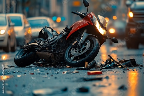 A motorcycle lies on its side in the middle of the road after an accident. There are pieces of debris scattered around the motorcycle, and the headlight is still on.
