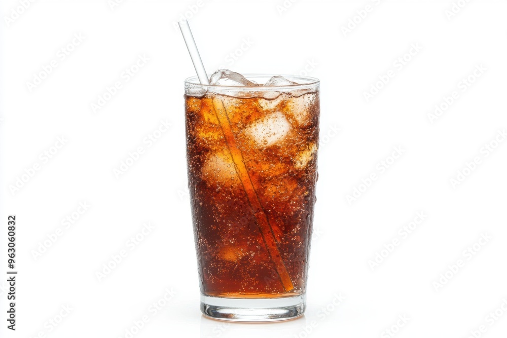 Refreshing in glass with ice straw on white background Refreshing in glass with ice straw on white background
