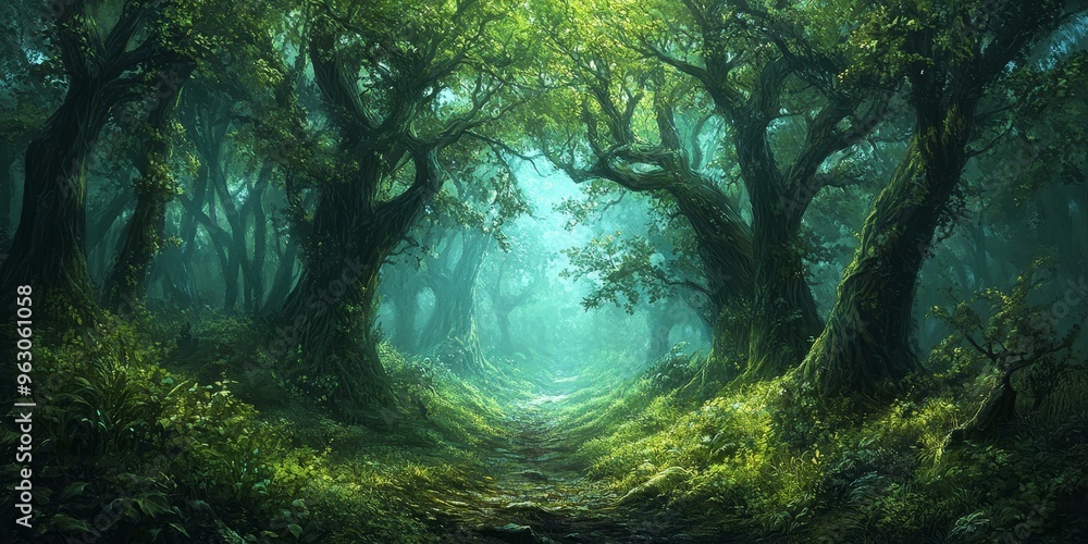 Path through a dense, verdant forest. Path through a dense, verdant forest.