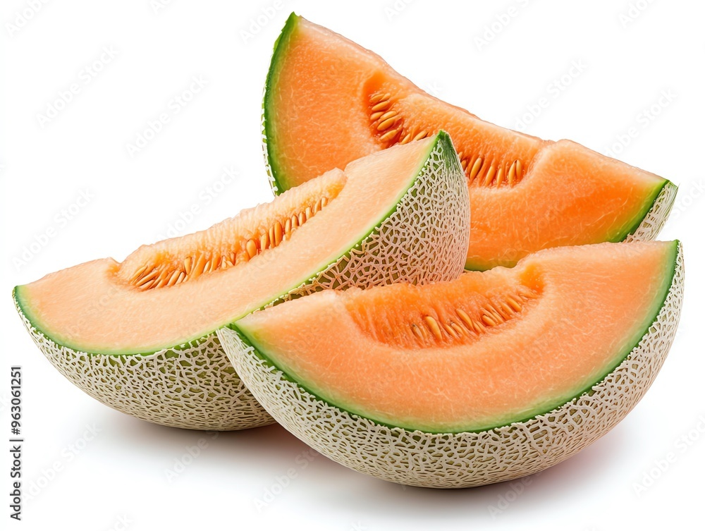 Four slices of cantaloupe melon on a white background. Four slices of cantaloupe melon on a white background.