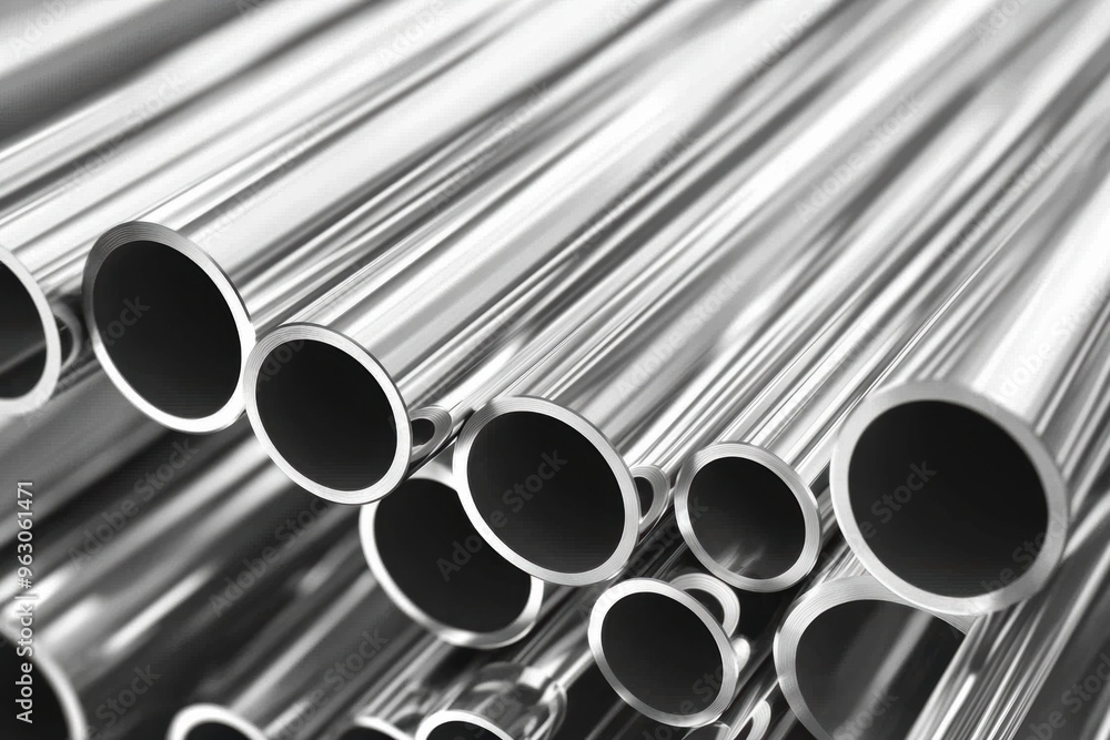 Stacked steel pipes in close-up industrial view