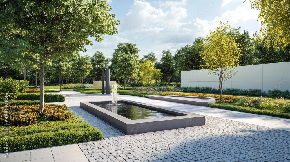 Modern Garden Design with Water Feature and Stone Pathway Modern Garden Design with Water Feature and Stone Pathway