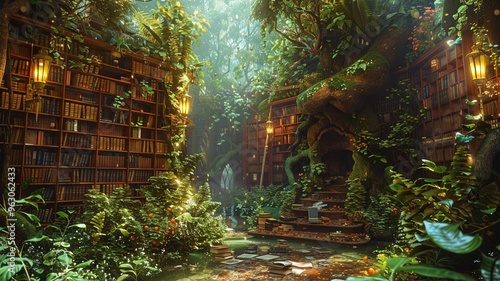 Fototapeta Naklejka Na Ścianę i Meble -  a library set in a magical forest with books hidden among the foliage