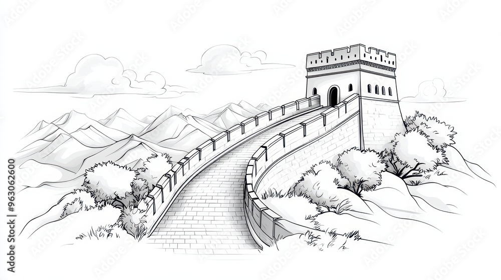 custom made wallpaper toronto digitalMajestic Monochrome Illustration of the Great Wall of China Snaking Through Mountainous Terrain