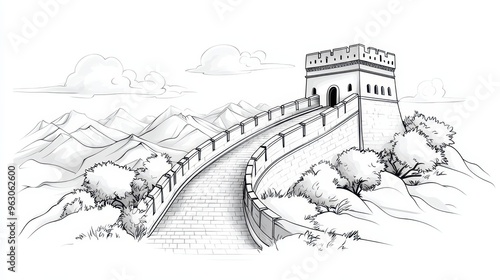 Wallpaper Mural Majestic Monochrome Illustration of the Great Wall of China Snaking Through Mountainous Terrain Torontodigital.ca